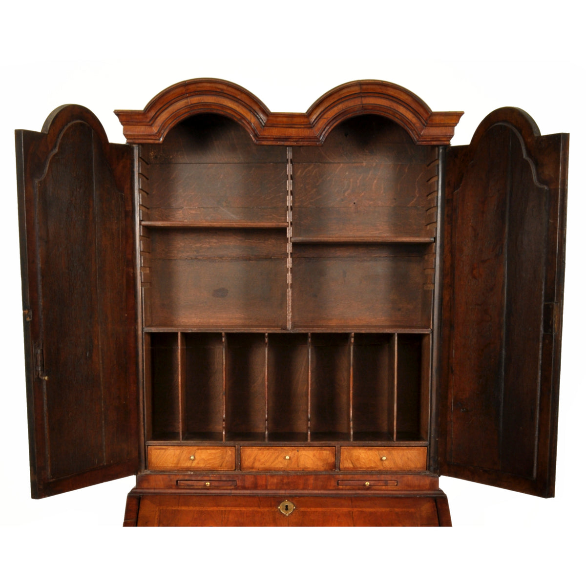 Antique Queen Anne Period Double Dome Burl Walnut Bureau / Bookcase / Secretary, circa 1710