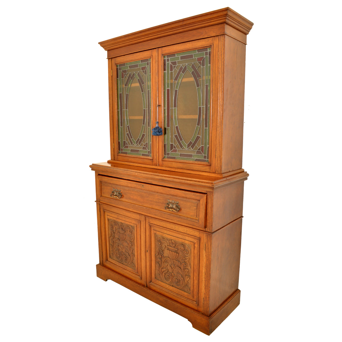 Antique Aesthetic Movement Carved Ash Leaded Glass Secretary Desk / Bookcase, circa 1890
