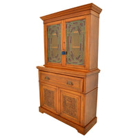 Antique Aesthetic Movement Carved Ash Leaded Glass Secretary Desk / Bookcase, circa 1890