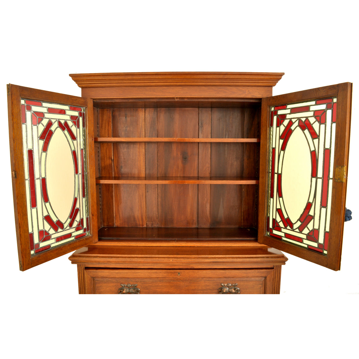 Antique Aesthetic Movement Carved Ash Leaded Glass Secretary Desk / Bookcase, circa 1890