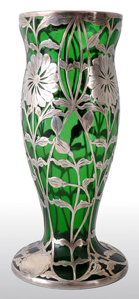 Antique Austrian Art Nouveau Loetz Silver Overlay Glass Vase, circa 1900
