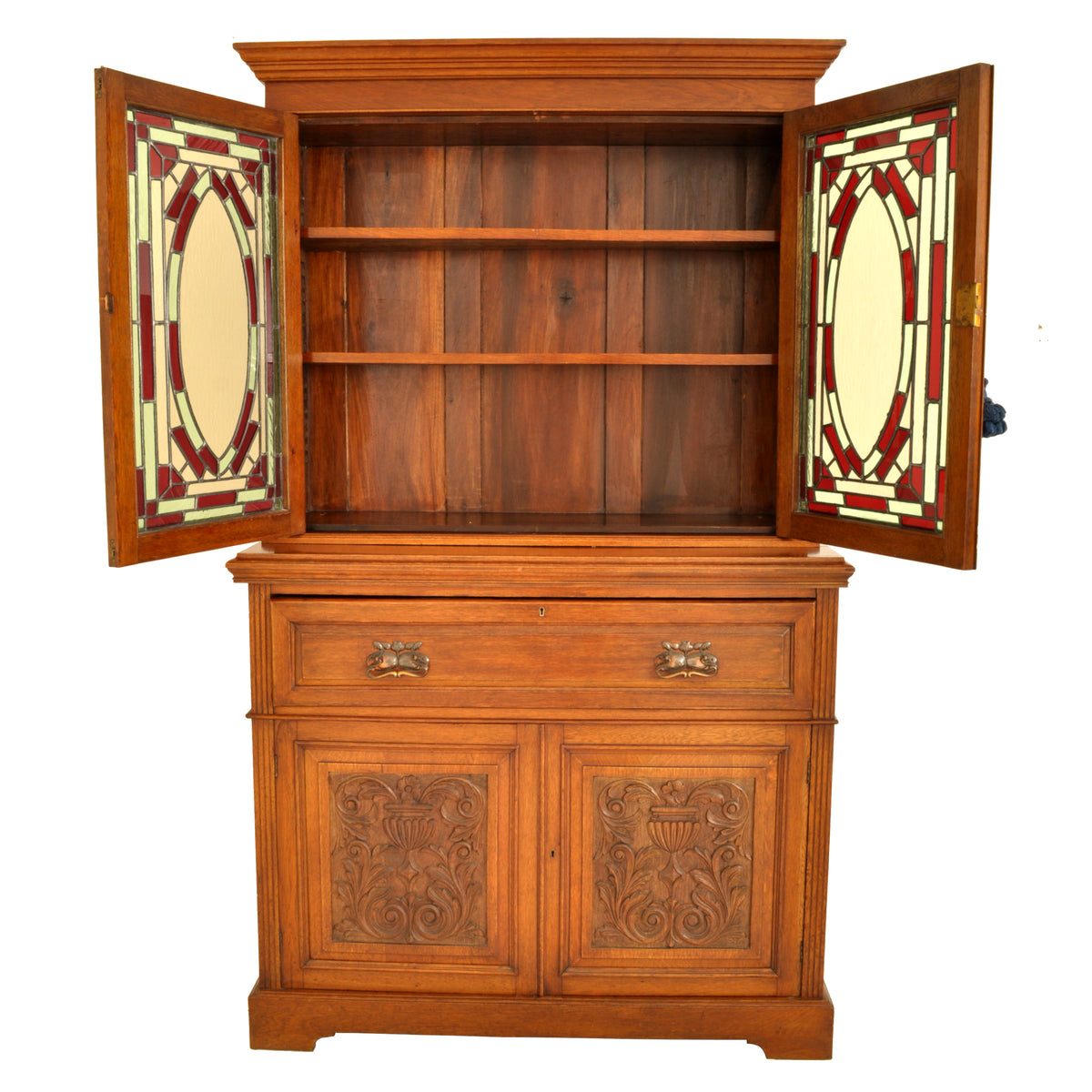 Antique Aesthetic Movement Carved Ash Leaded Glass Secretary Desk / Bookcase, circa 1890