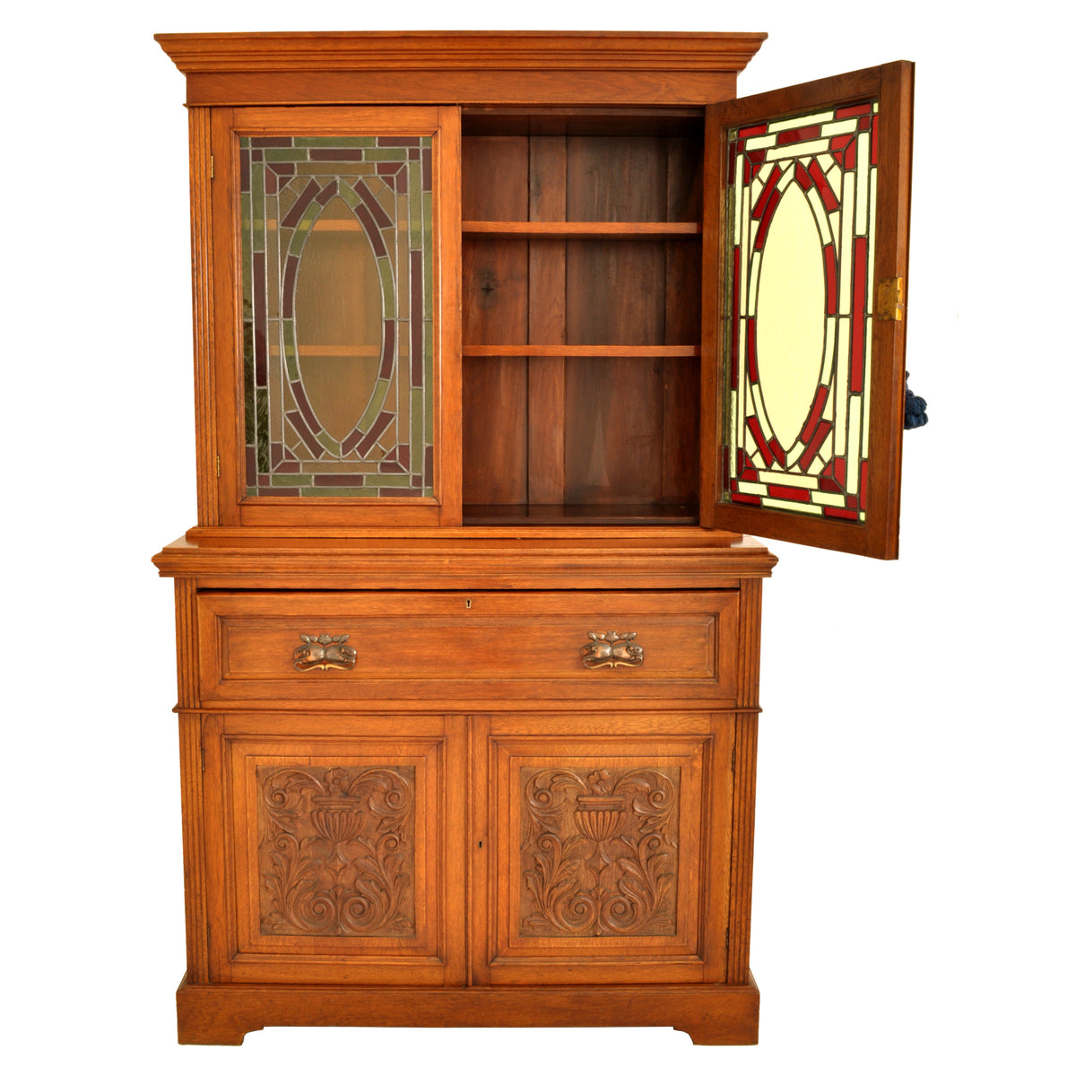 Antique Aesthetic Movement Carved Ash Leaded Glass Secretary Desk / Bookcase, circa 1890