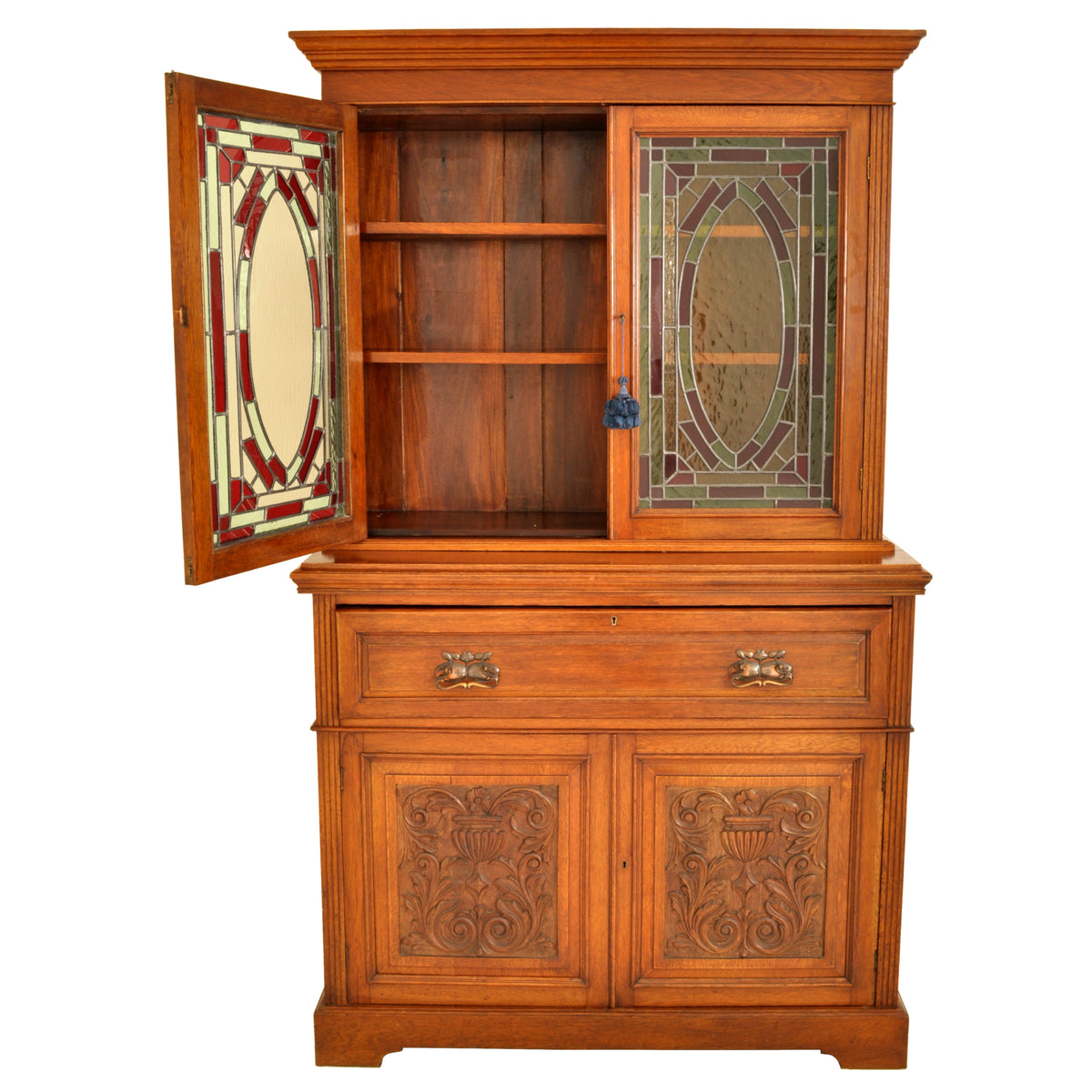 Antique Aesthetic Movement Carved Ash Leaded Glass Secretary Desk / Bookcase, circa 1890