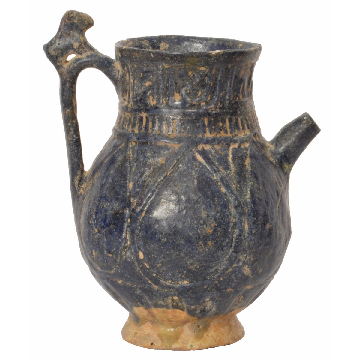 Ancient Persian Islamic Blue Glazed Pottery / Vessel / Ewer with Calligraphy, Khorasan, circa 1200