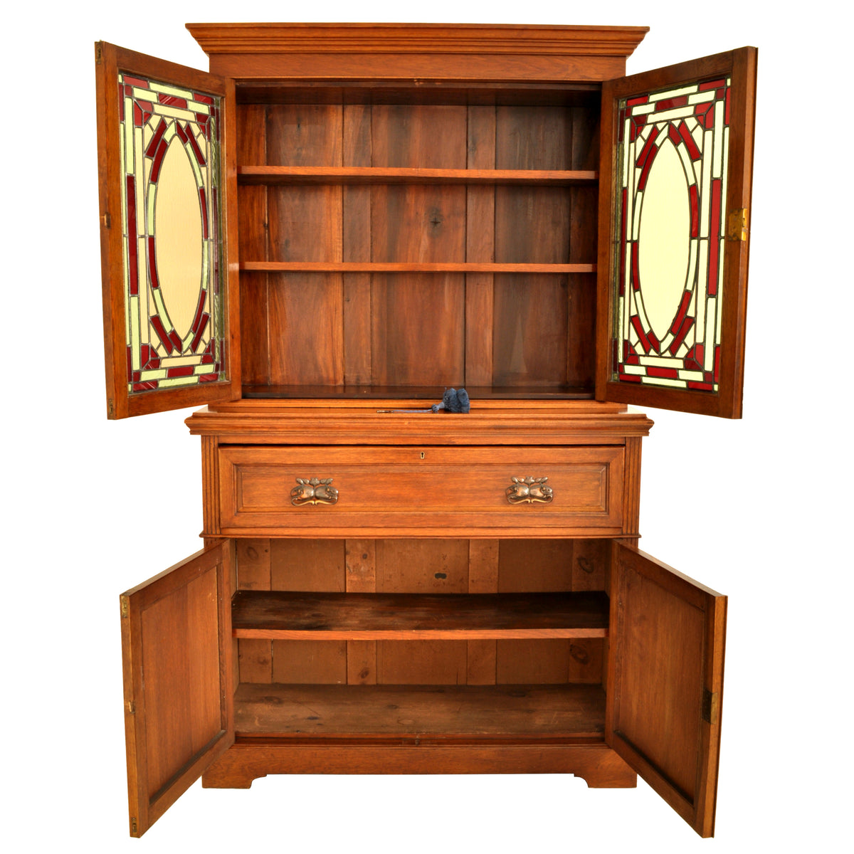 Antique Aesthetic Movement Carved Ash Leaded Glass Secretary Desk / Bookcase, circa 1890