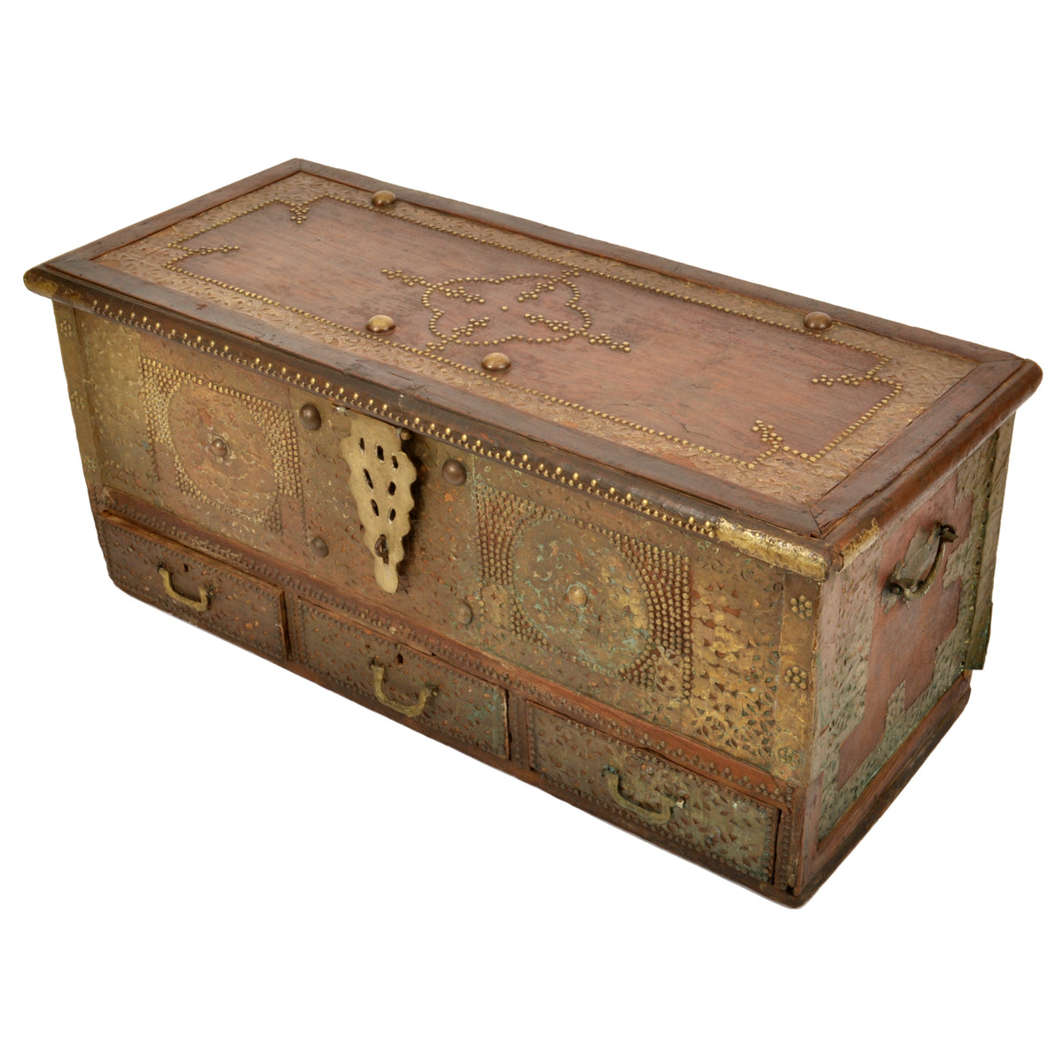 Antique 19th Century Zanzibar Shirazi Brass Stud & Copper Clad Dowry Chest, circa 1850