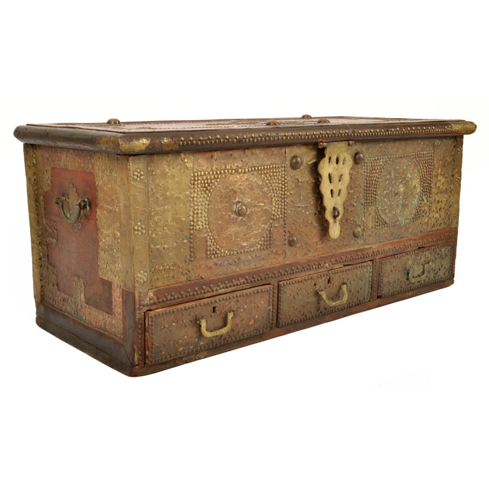 Antique 19th Century Zanzibar Shirazi Brass Stud & Copper Clad Dowry Chest, circa 1850