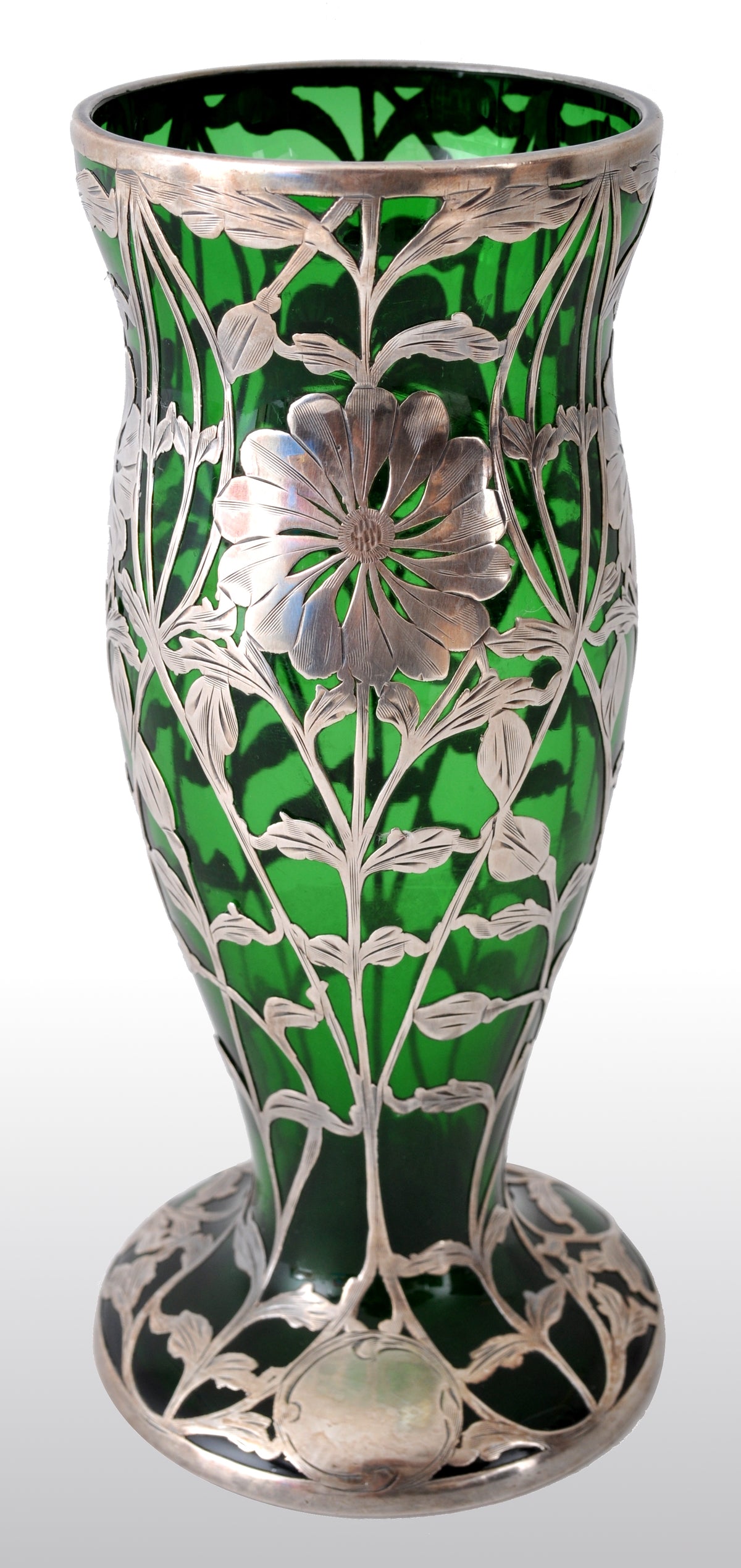 Antique Austrian Art Nouveau Loetz Silver Overlay Glass Vase, circa 1900