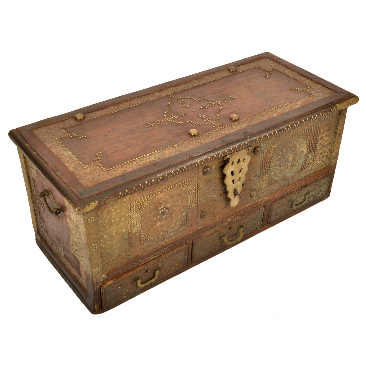 Antique 19th Century Zanzibar Shirazi Brass Stud & Copper Clad Dowry Chest, circa 1850
