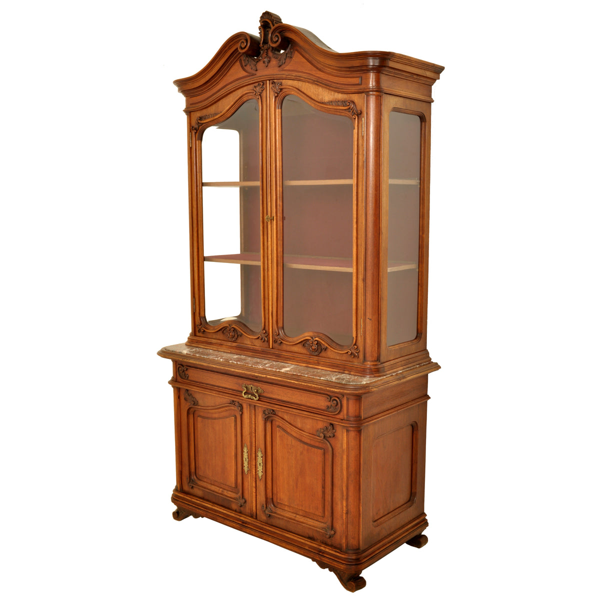 Antique French Carved Walnut & Marble Louis XV Buffet / Vitrine / Bookcase, circa 1880