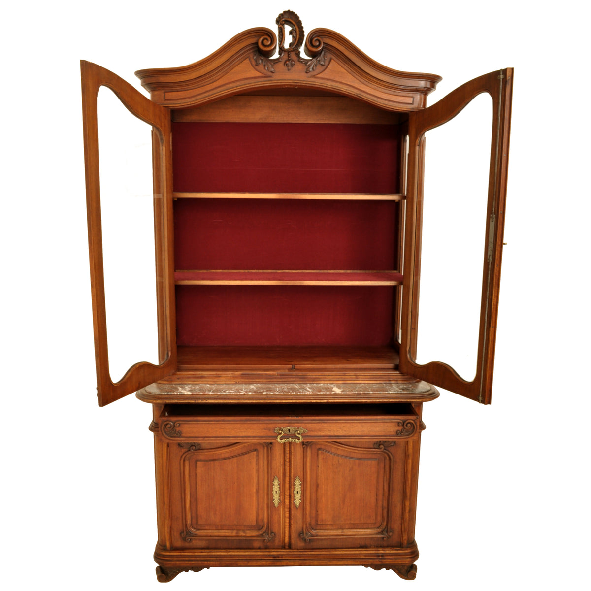 Antique French Carved Walnut & Marble Louis XV Buffet / Vitrine / Bookcase, circa 1880