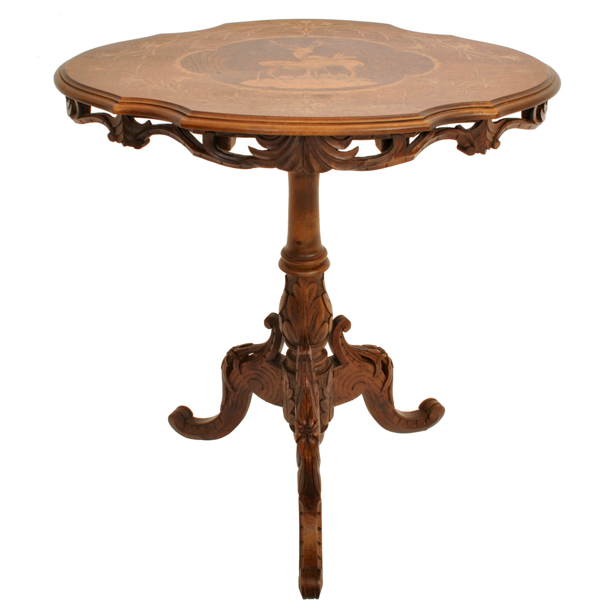 Antique Swiss Black Forest Carved Inlaid Walnut Marquetry Tilt-Top Table, circa 1870
