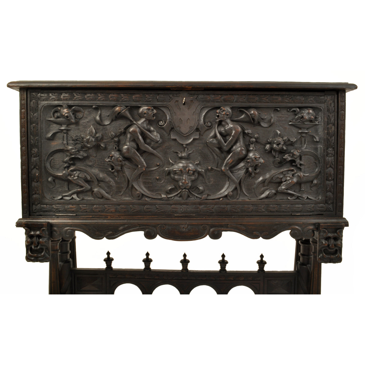 Antique 19th Century Spanish Baroque Carved Vargueno / Desk / Cabinet on Stand, circa 1880
