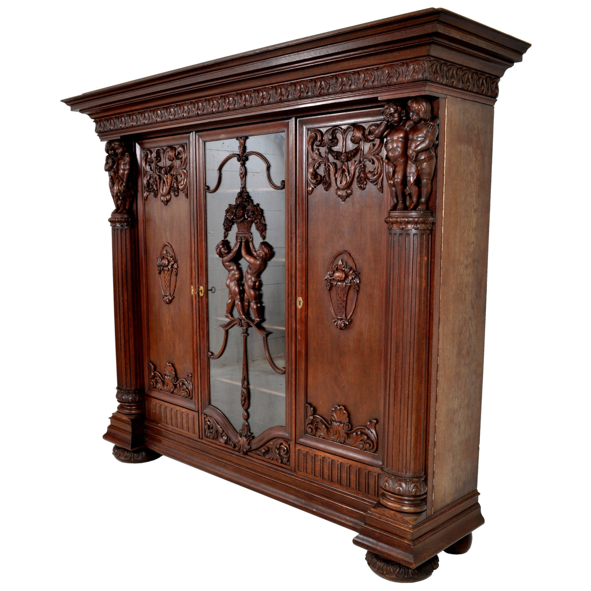 Antique German Baroque Revival Carved Oak Bookcase / Bibliotheque / Library Cabinet, circa 1890