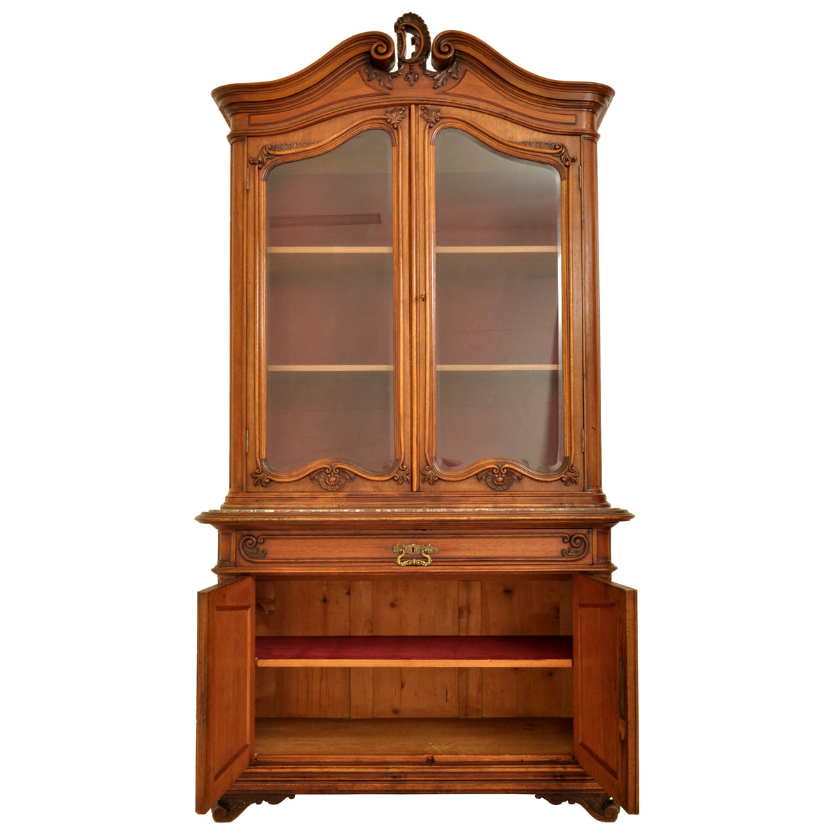 Antique French Carved Walnut & Marble Louis XV Buffet / Vitrine / Bookcase, circa 1880