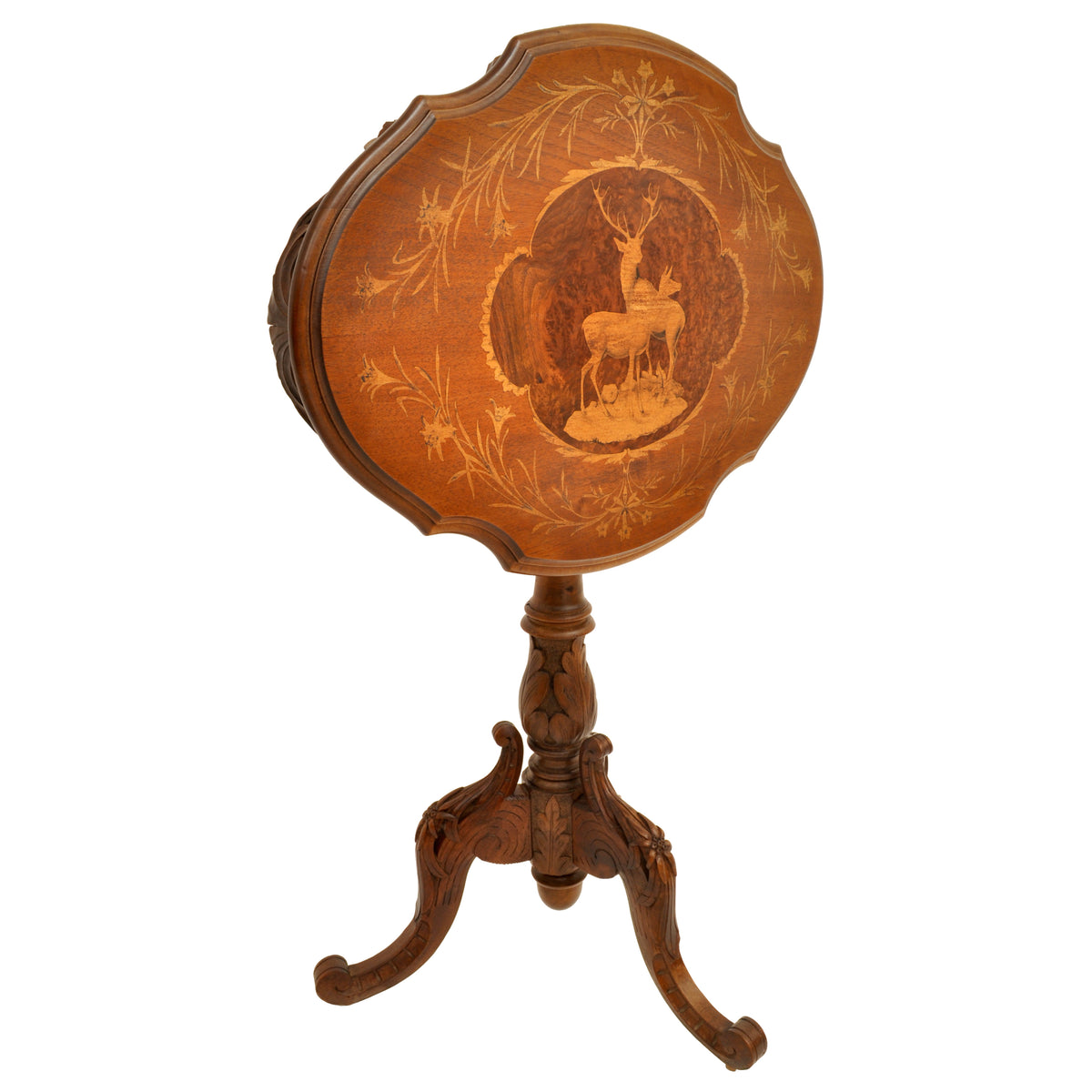 Antique Swiss Black Forest Carved Inlaid Walnut Marquetry Tilt-Top Table, circa 1870