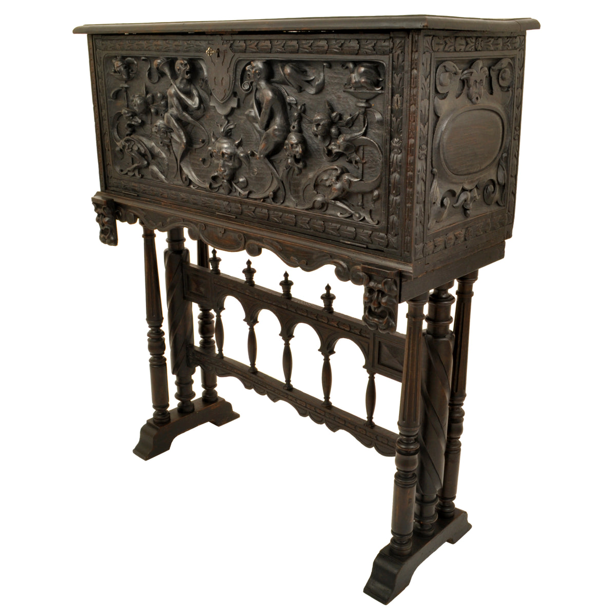 Antique 19th Century Spanish Baroque Carved Vargueno / Desk / Cabinet on Stand, circa 1880