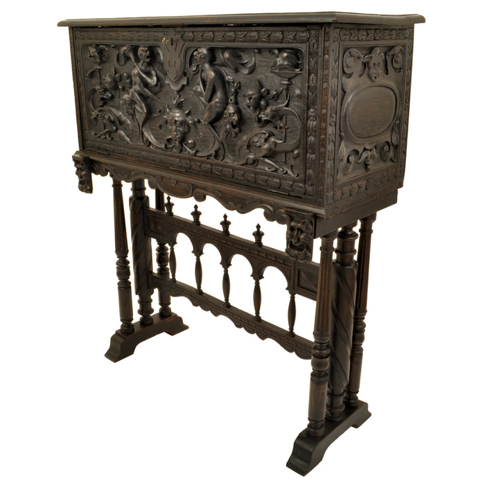 Antique 19th Century Spanish Baroque Carved Vargueno / Desk / Cabinet on Stand, circa 1880