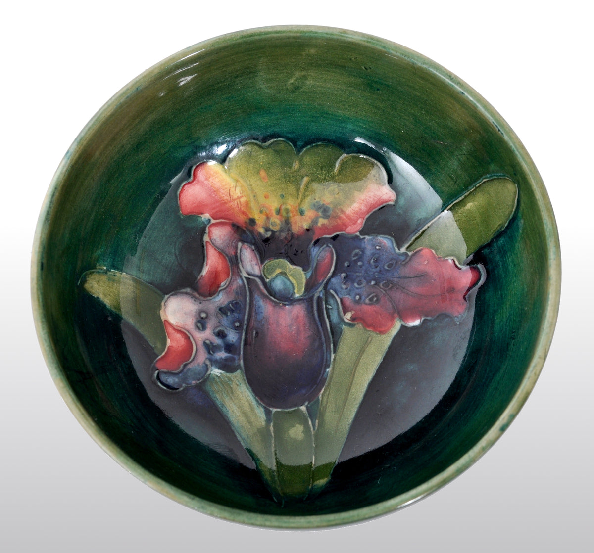 Antique Art Deco Orchid Pattern Flambé Pottery Bowl by William Moorcroft, circa 1928