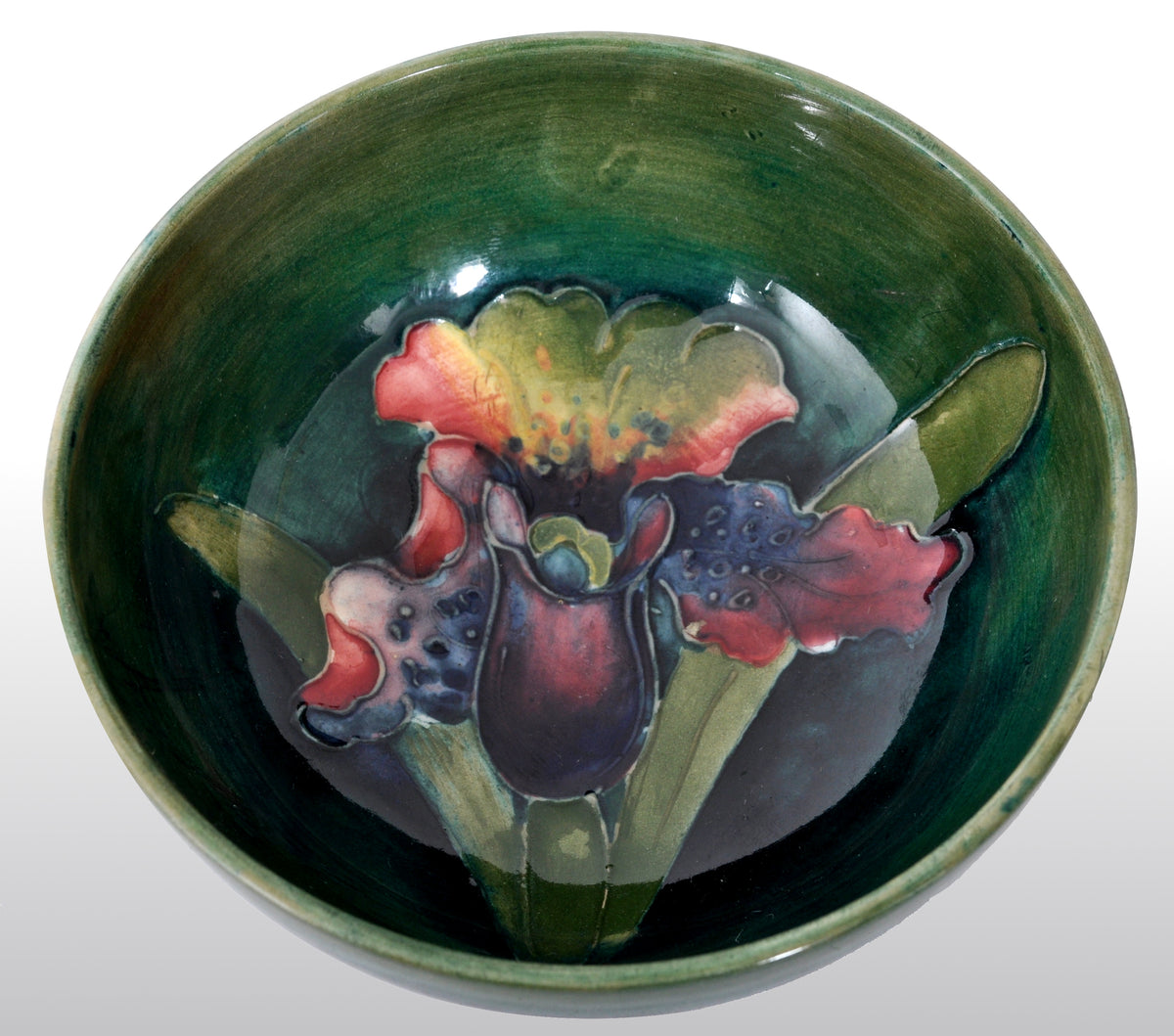 Antique Art Deco Orchid Pattern Flambé Pottery Bowl by William Moorcroft, circa 1928