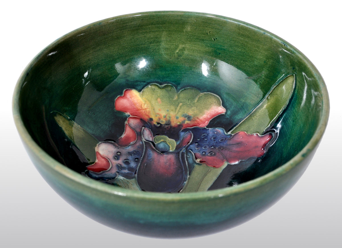 Antique Art Deco Orchid Pattern Flambé Pottery Bowl by William Moorcroft, circa 1928