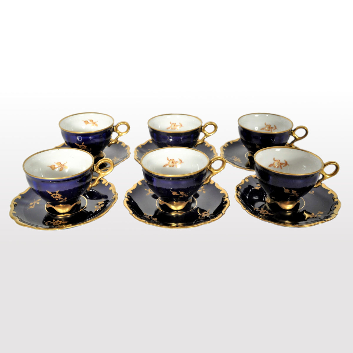 Set of 6 German Demi-tasse in Cobalt Blue with Floral Design