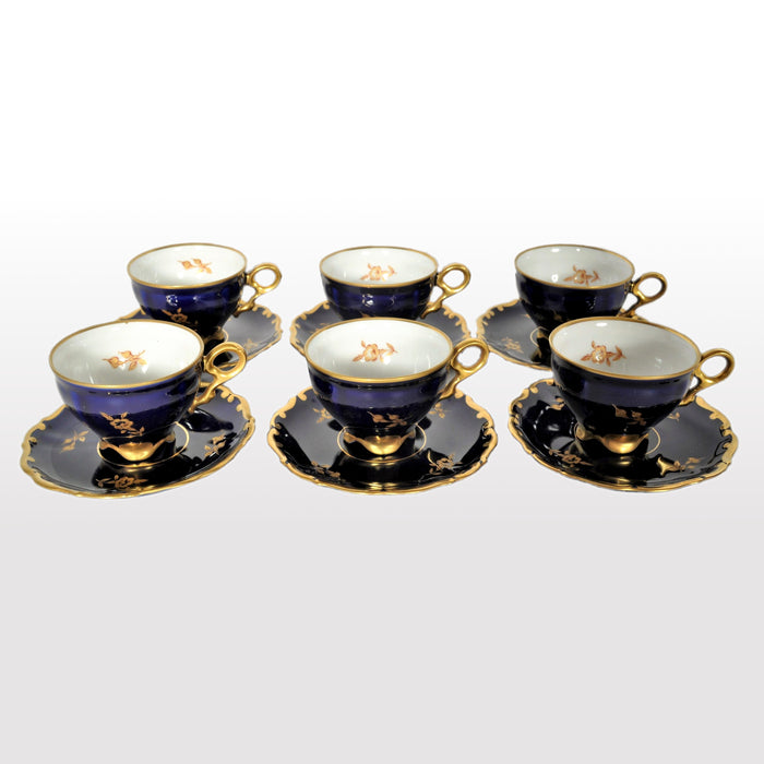 Set of 6 German Demi-tasse in Cobalt Blue with Floral Design
