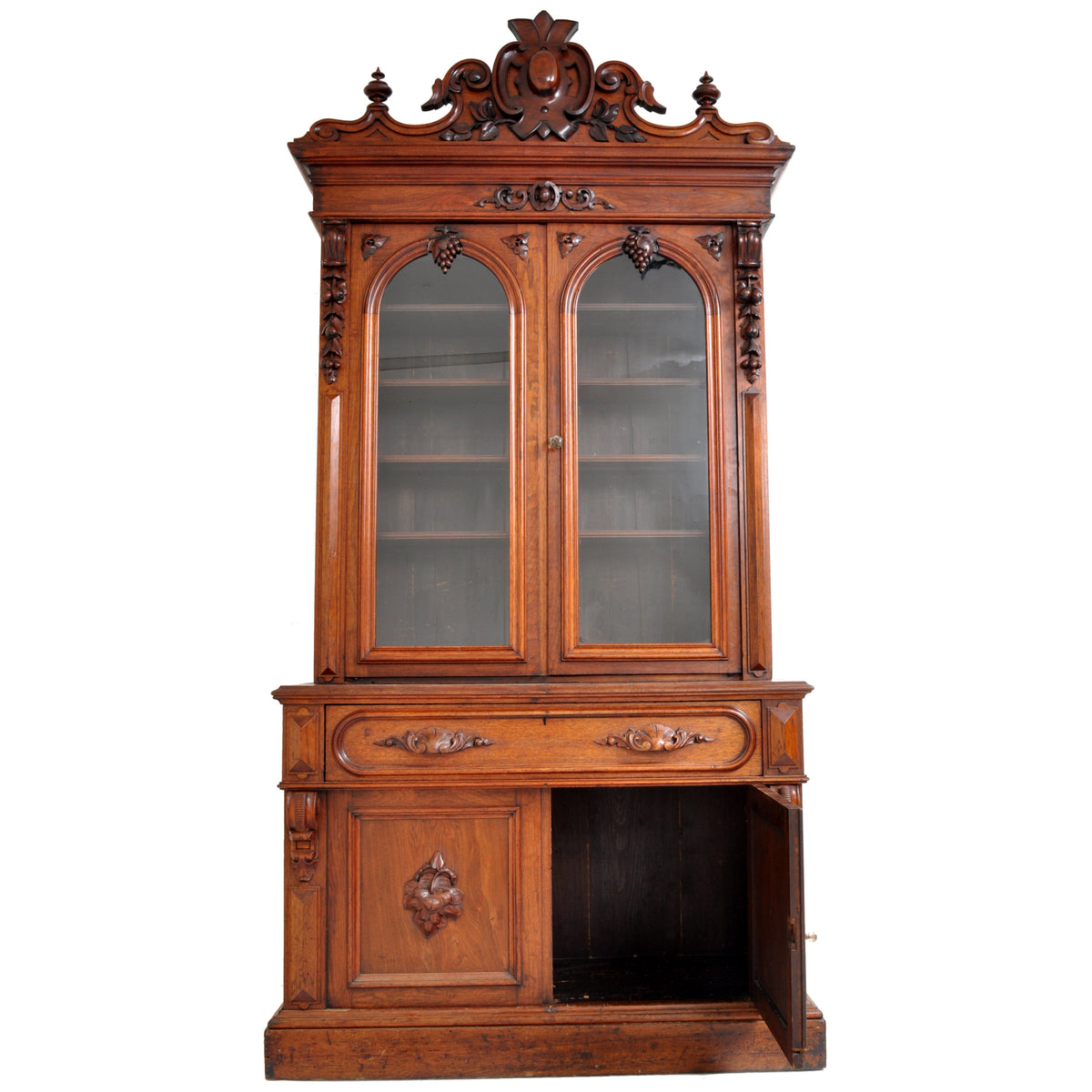 Antique American Renaissance Revival Carved Walnut Secretary Desk Bookcase, circa 1870