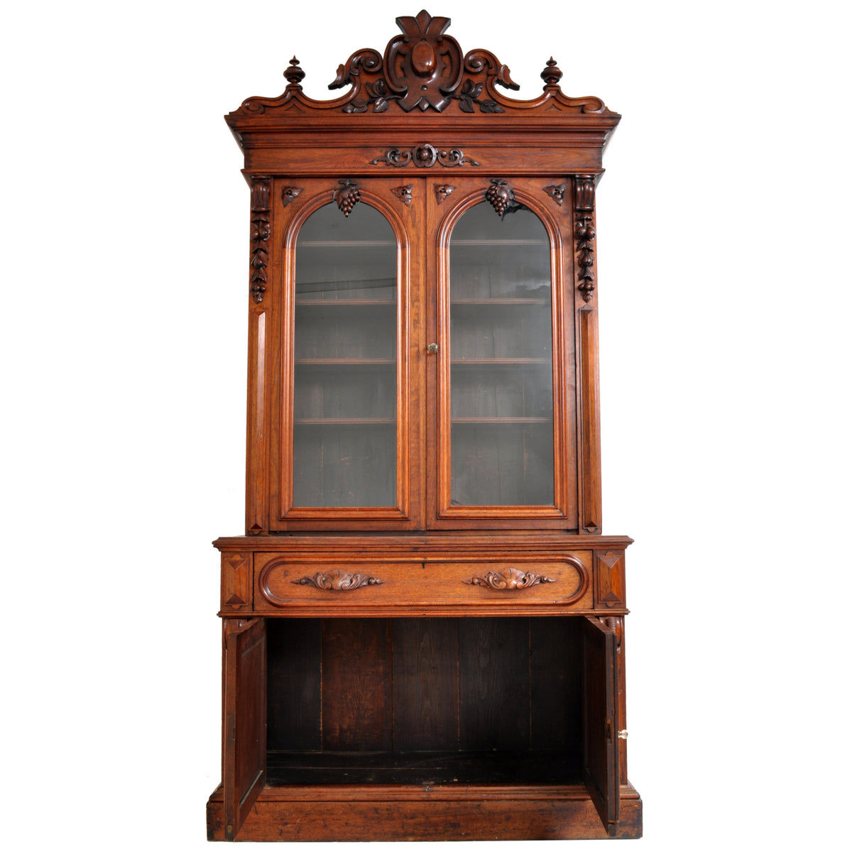 Antique American Renaissance Revival Carved Walnut Secretary Desk Bookcase, circa 1870
