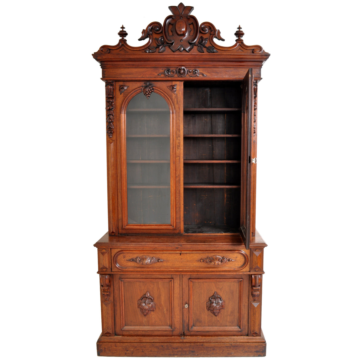 Antique American Renaissance Revival Carved Walnut Secretary Desk Bookcase, circa 1870
