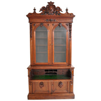 Antique American Renaissance Revival Carved Walnut Secretary Desk Bookcase, circa 1870