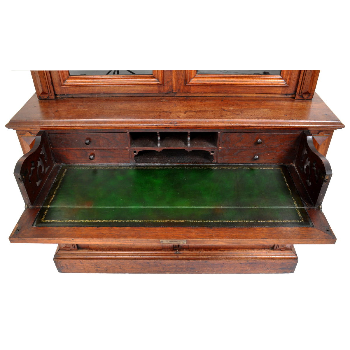 Antique American Renaissance Revival Carved Walnut Secretary Desk Bookcase, circa 1870