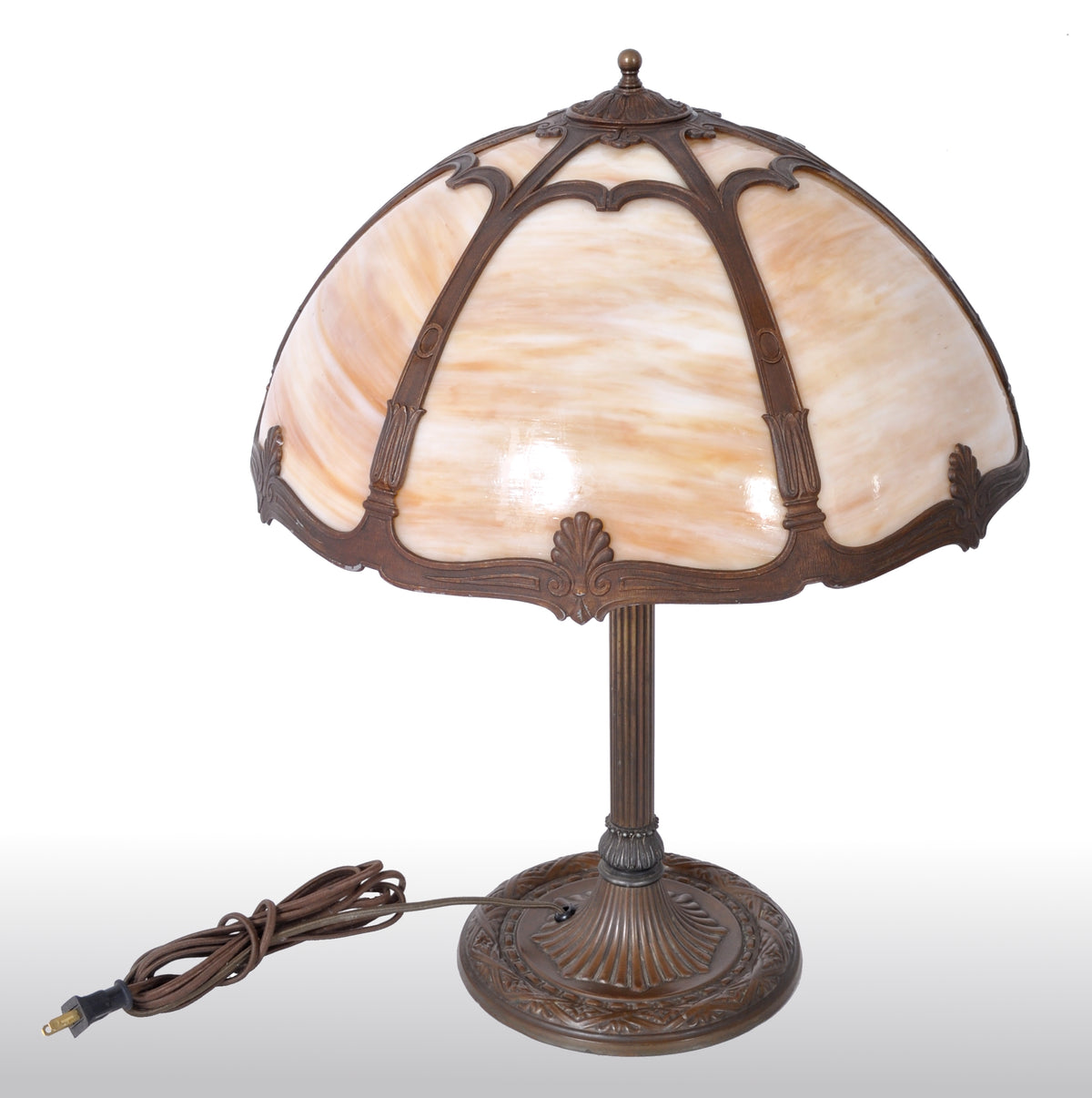 Antique American Art Nouveau Slag Glass and Bronze Table Lamp by Bradley & Hubbard, circa 1915
