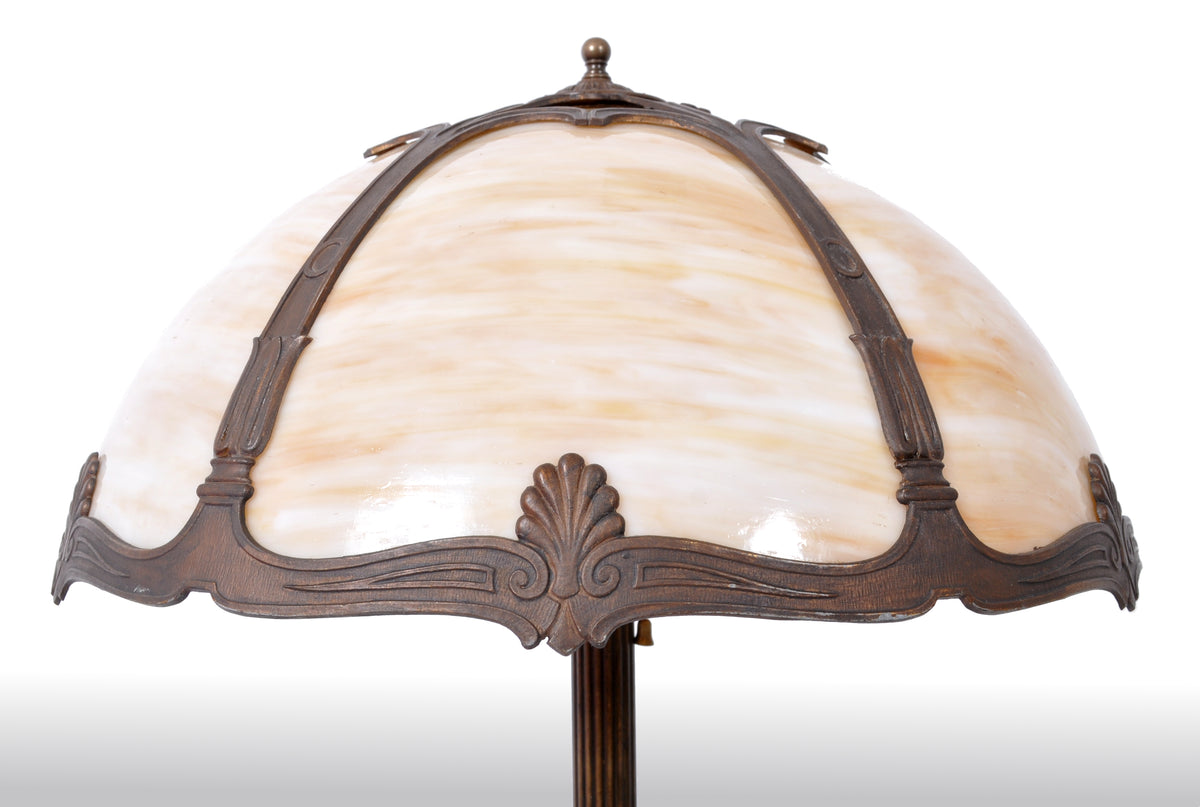 Antique American Art Nouveau Slag Glass and Bronze Table Lamp by Bradley & Hubbard, circa 1915