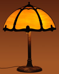 Antique American Art Nouveau Slag Glass and Bronze Table Lamp by Bradley & Hubbard, circa 1915