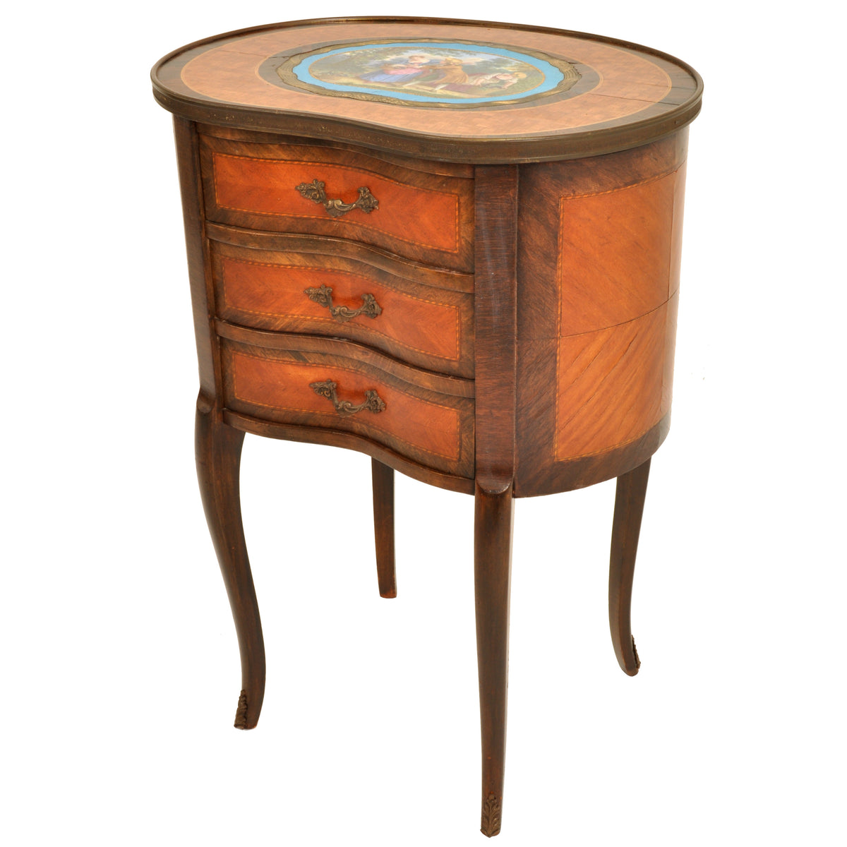 Antique French Kidney Shaped Inlaid Side Table / Cabinet / Chest with Sevres Plaque, circa 1890