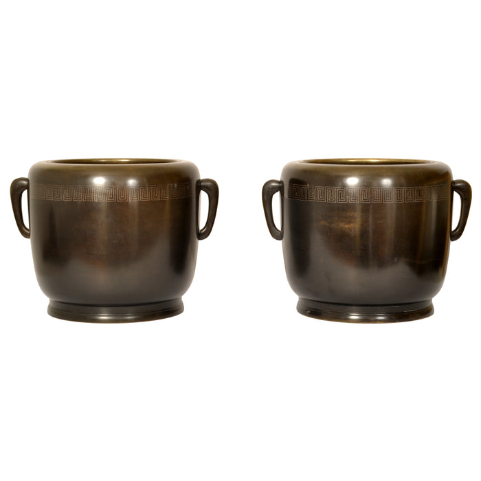 Pair 19th Century Antique Japanese Meiji Period Bronze Hibachi Censers, Circa 1890
