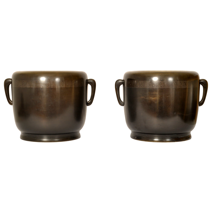 Pair 19th Century Antique Japanese Meiji Period Bronze Hibachi Censers, Circa 1890