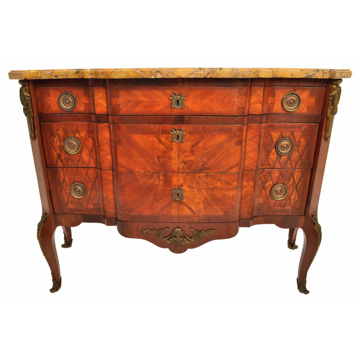 Antique French Louis XV Inlaid Parquetry Ormolu Marble Top Commode / Chest, circa 1780