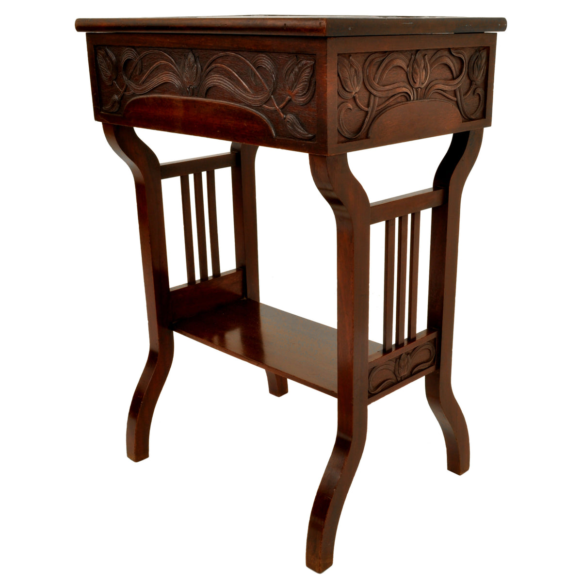 Antique Art Nouveau Scottish Arts & Crafts Carved Walnut Sewing Work Table, circa 1900