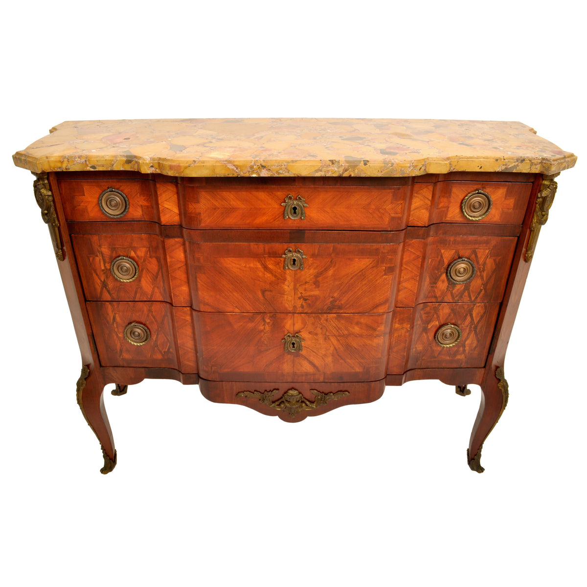 Antique French Louis XV Inlaid Parquetry Ormolu Marble Top Commode / Chest, circa 1780