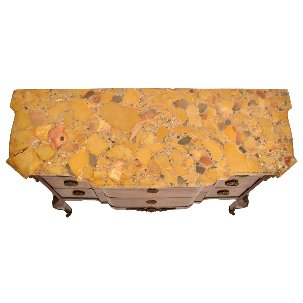 Antique French Louis XV Inlaid Parquetry Ormolu Marble Top Commode / Chest, circa 1780