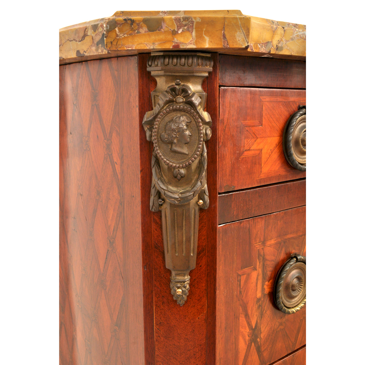 Antique French Louis XV Inlaid Parquetry Ormolu Marble Top Commode / Chest, circa 1780