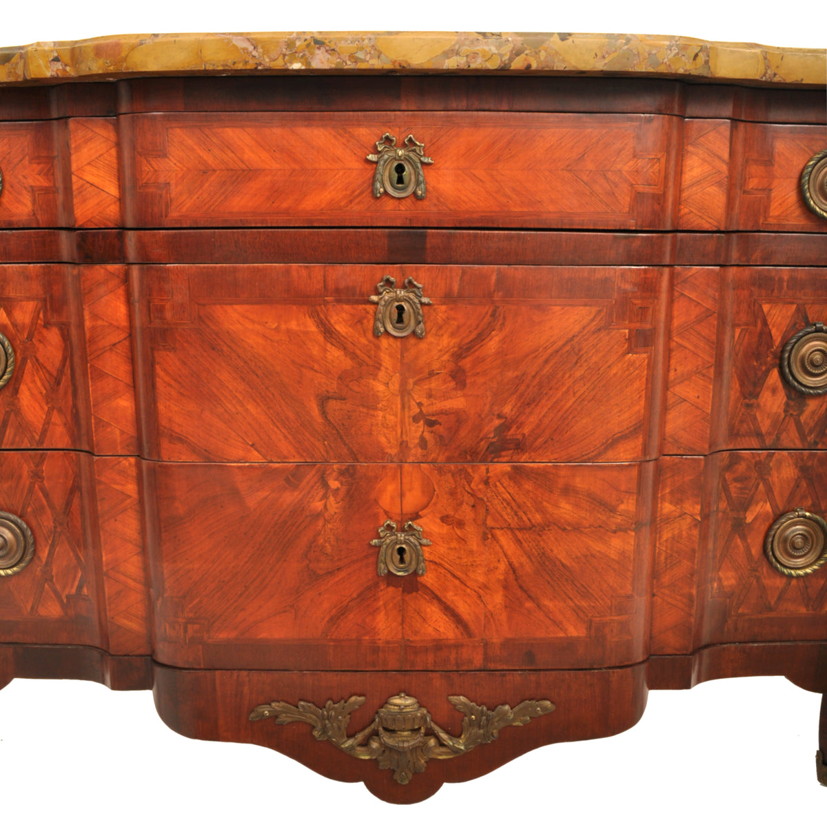Antique French Louis XV Inlaid Parquetry Ormolu Marble Top Commode / Chest, circa 1780