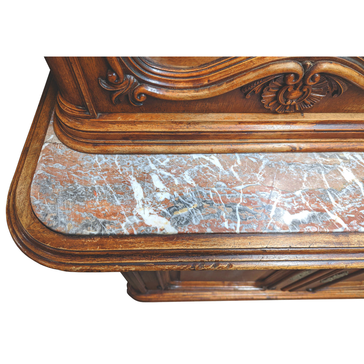 Antique French Carved Walnut & Marble Louis XV Buffet / Vitrine / Bookcase, circa 1880