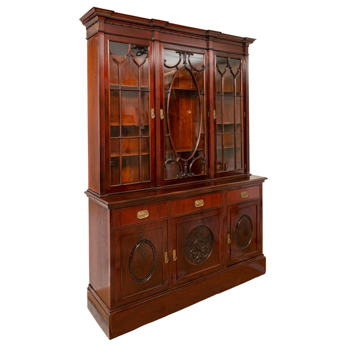 Antique Pair 19th Century Mahogany Bibliotheque Library Bookcase Cabinets, Circa 1880
