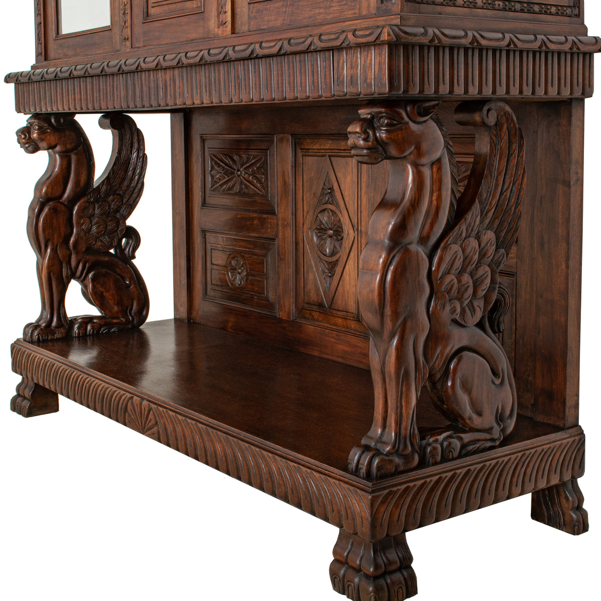 Antique Italian Carved Walnut Renaissance Revival Griffin Display Cabinet Buffet