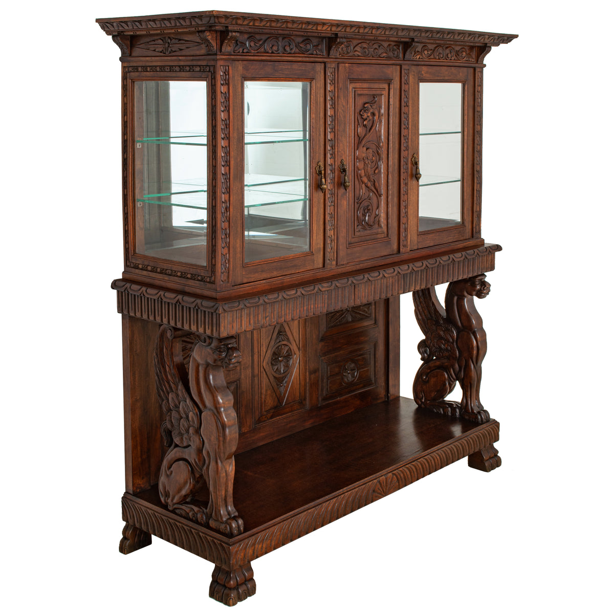 Antique Italian Carved Walnut Renaissance Revival Griffin Display Cabinet Buffet