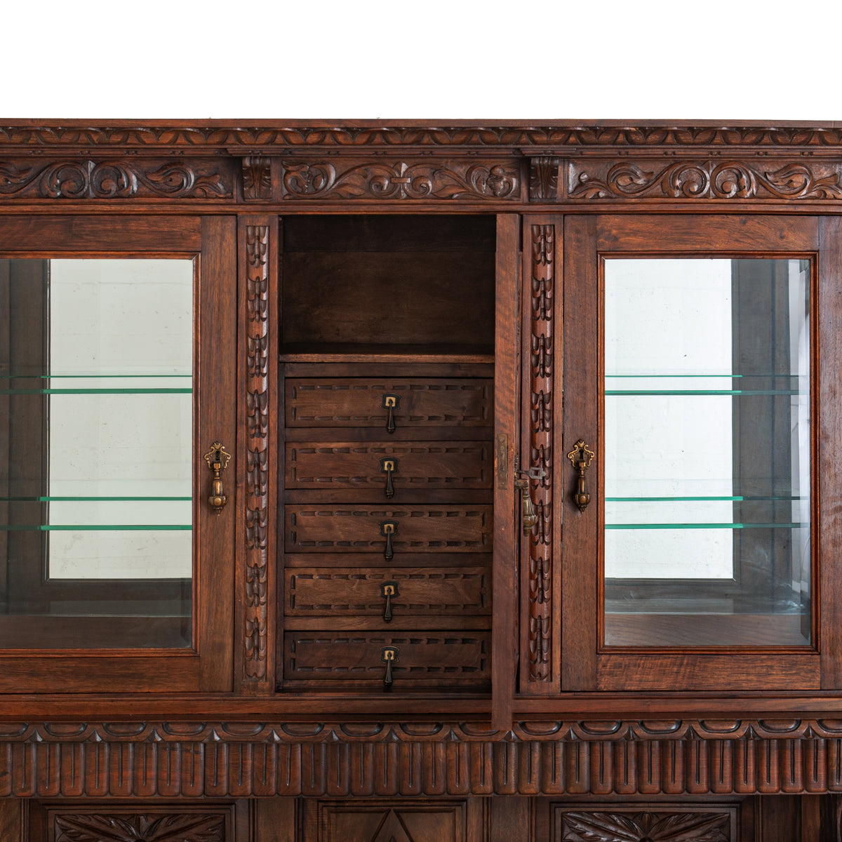 Antique Italian Carved Walnut Renaissance Revival Griffin Display Cabinet Buffet